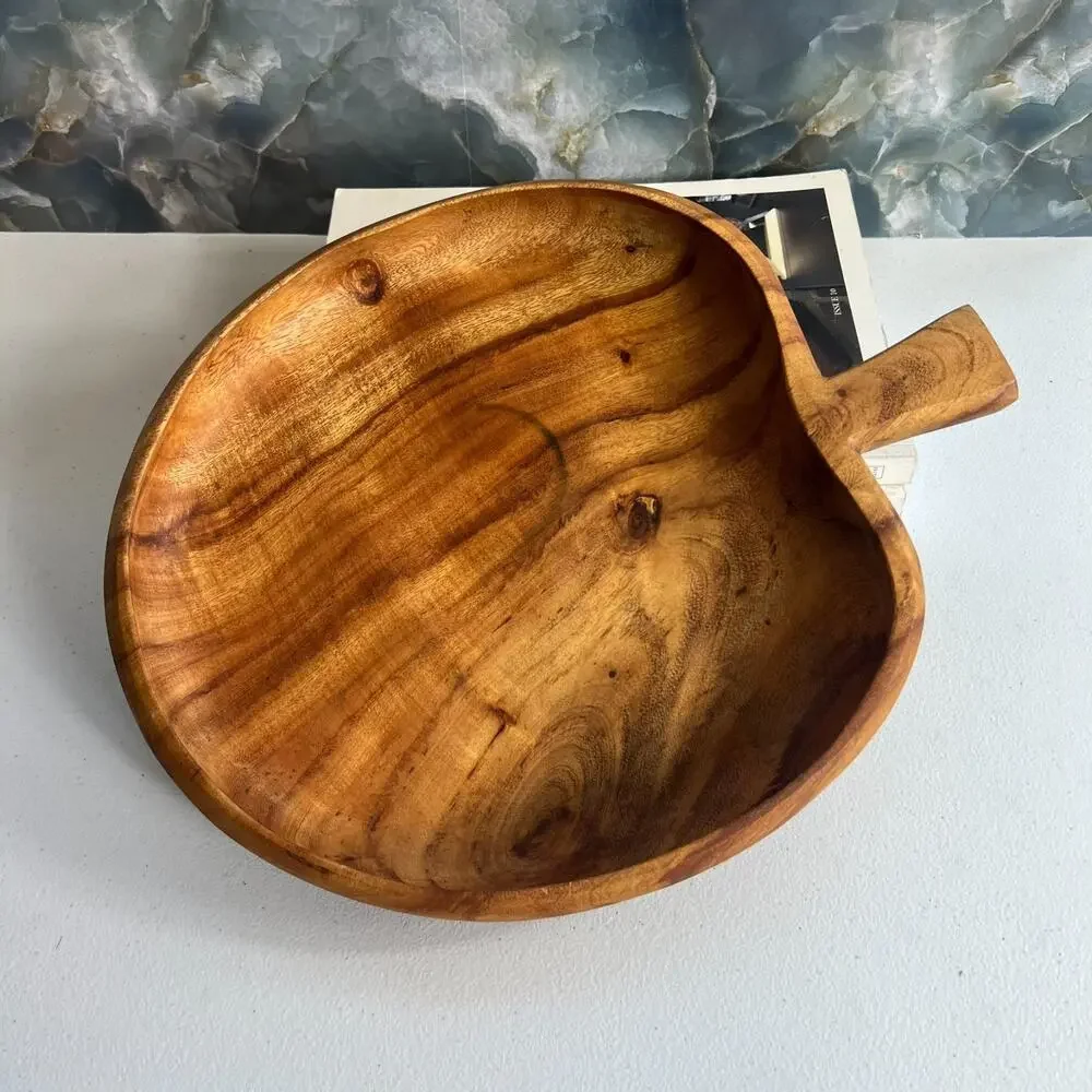 Vtg Hand Carved Wood Apple Shape Fruit Bowl Country Farmhouse Dish 13.5